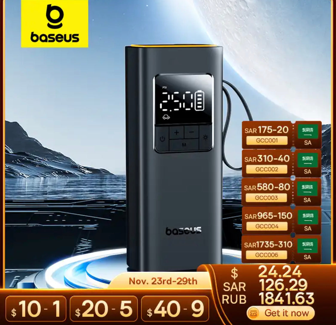 מדחס אוויר (קומפרסור) נייד אלחוטי של חברת baseus מתאים לרכבים אופנועים אופניים וכדורים