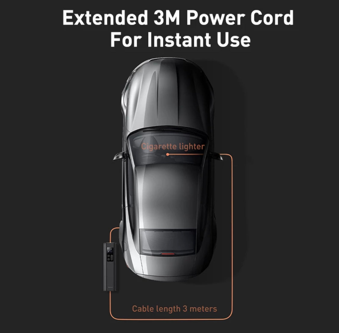 מדחס אוויר (קומפרסור ) נייד 12 וולט מתחבר למצת הרכב  עם כבל ארוך של 3 מטר עד 150psi של חברת baseus