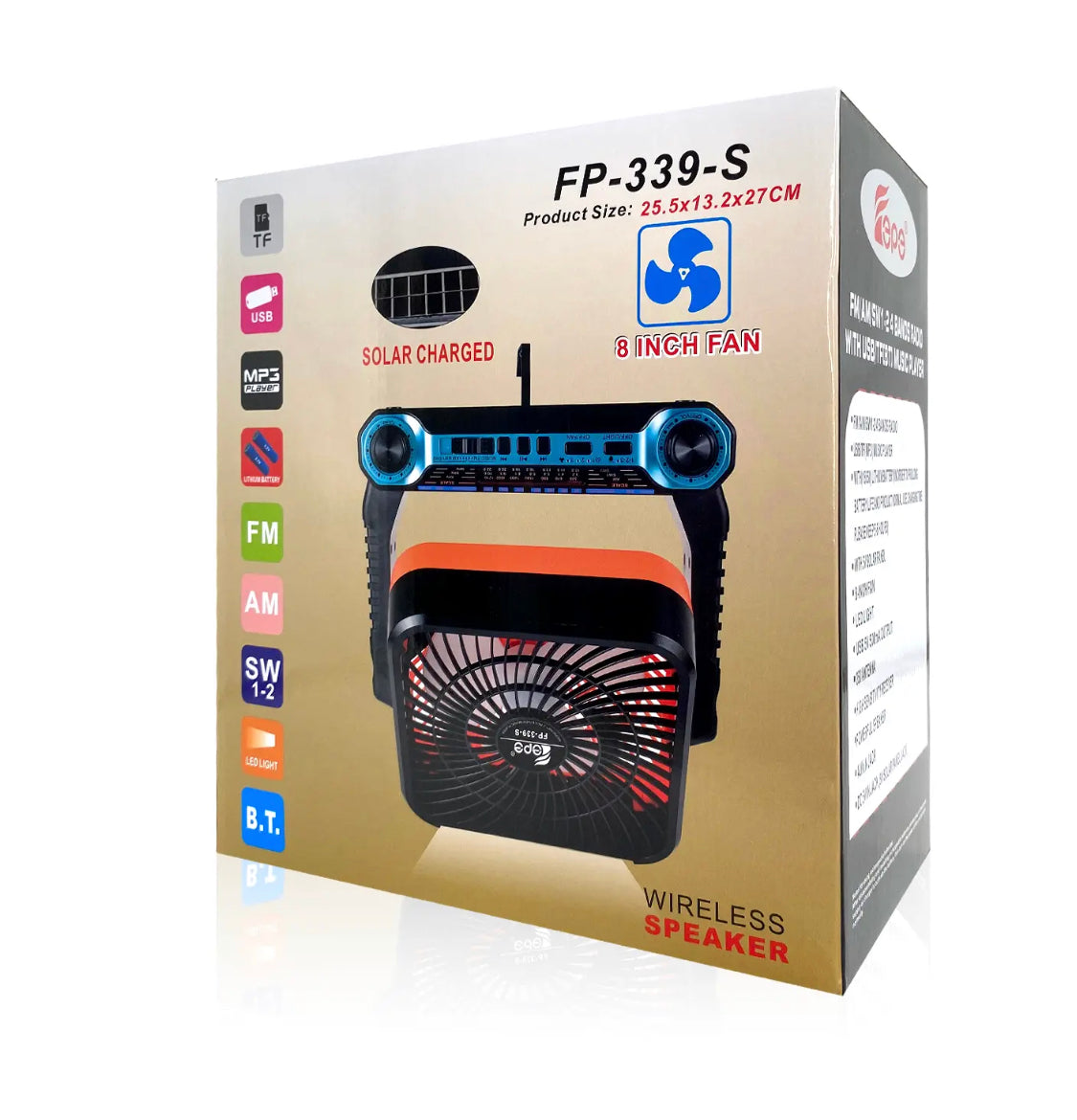 רמקול רטרו רדיו עם מאוורר דגם FP-339-S
פועל אמצעות סוללות נטענות / טעינה סולארית