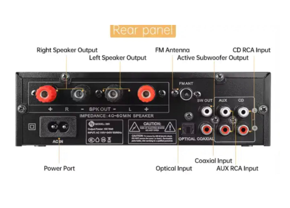 מגבר סטריאו 120W דגם AV-260
חיבורים: AUX, USB, BLUETOOTH, FM