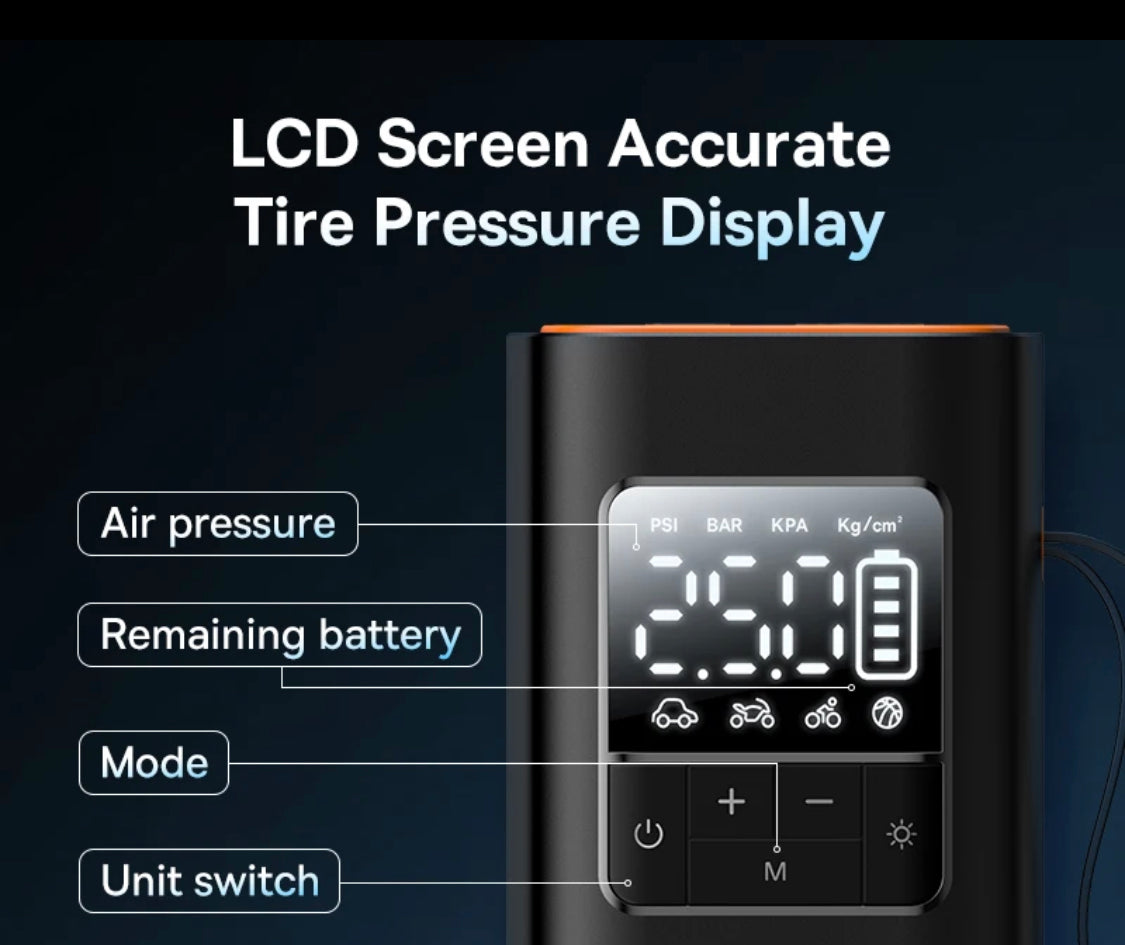 מדחס אוויר (קומפרסור) נייד אלחוטי של חברת baseus מתאים לרכבים אופנועים אופניים וכדורים