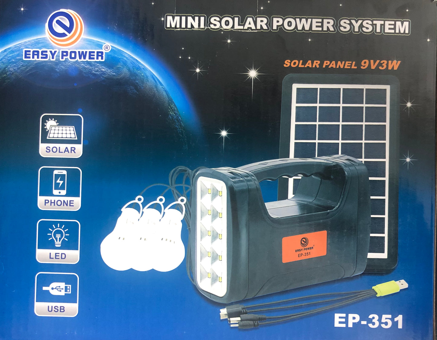 סוללת גיבוי עם מערכת תאורה ניידת דגם EP-351
עם טעינה סולארית, טעינה חשמלית ומטען נייד חיבור USB 5V