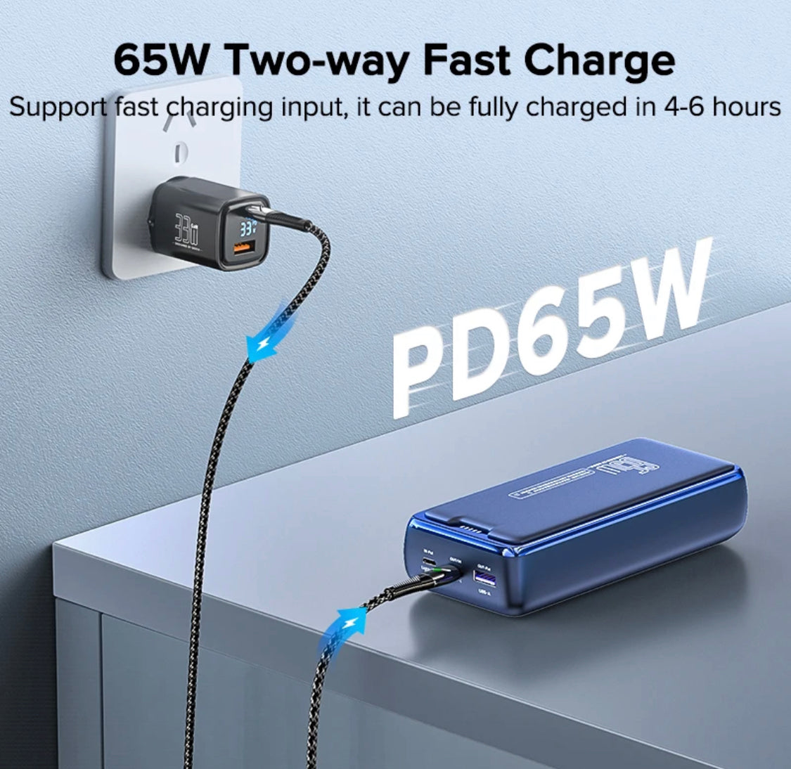 מטען נייד/סוללת גיבוי ניידת 30,000 mha של חברת qoovi טעינה מהירה 65PD 22.5W   משקלה חצי קילו