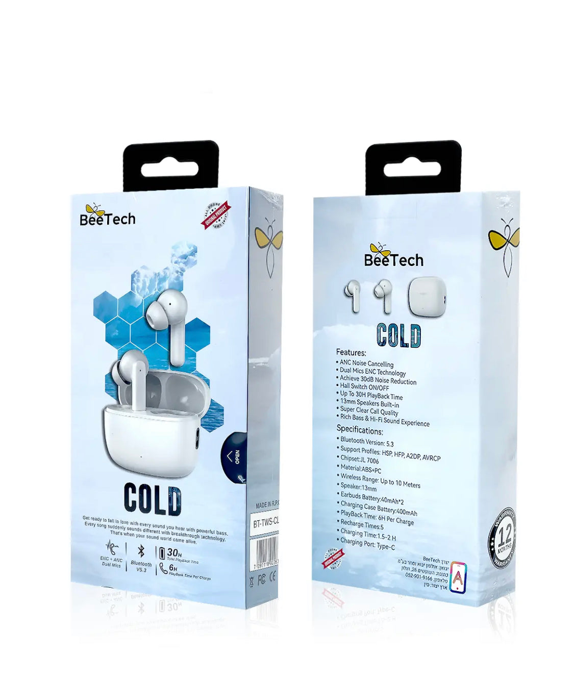 אוזניות TWS דגם Cold מבית BeeTech
עם פונקציית ENC לביטול רעשי רקע