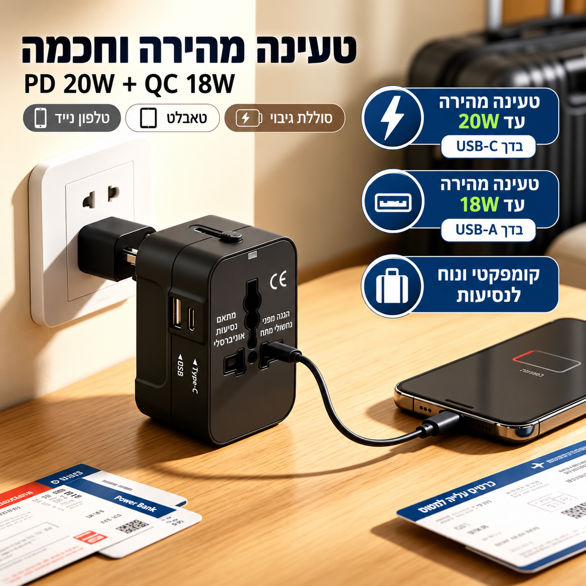 מתאם חשמל בינלאומי לנסיעות עם שני חיבורי USB, מטען עולמי לשקעי EU, UK, US, AU, מתאם קיר הכל באחד